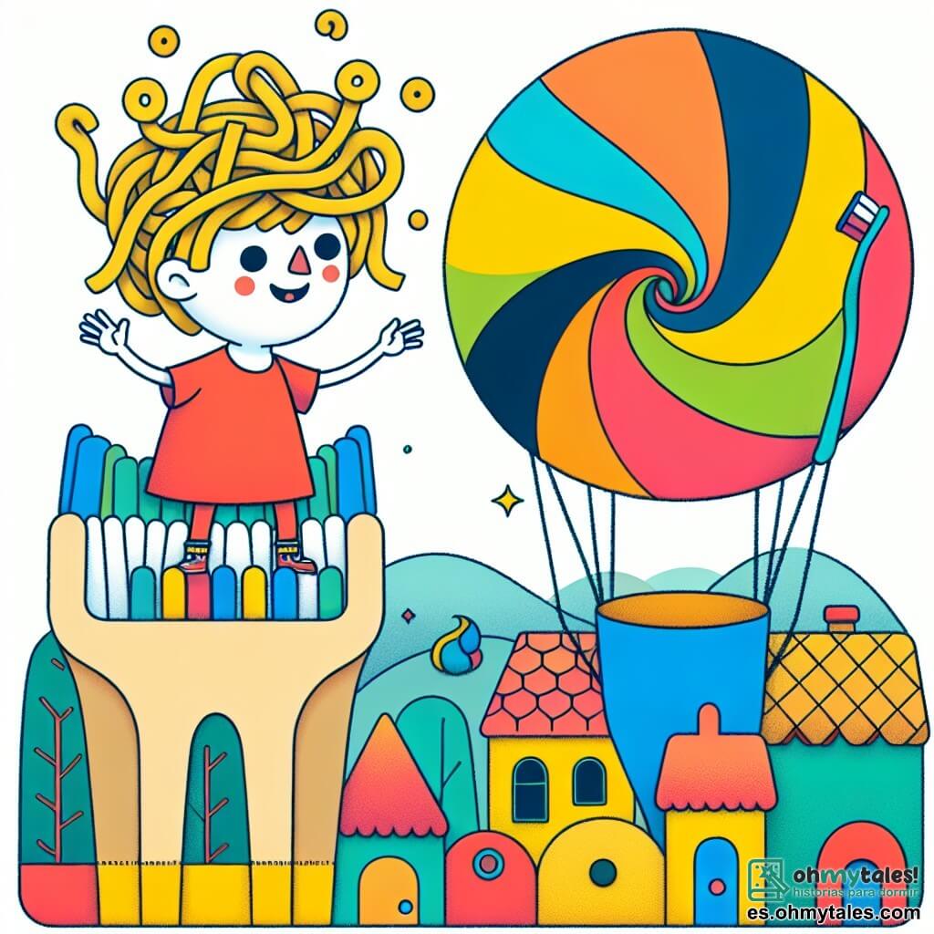 Une illustration destinée aux enfants représentant un garçon aux cheveux en forme de spaghettis, en train de discuter avec une brosse à dents géante, dans un village en forme de chaussette multicolore suspendu à une montgolfière.