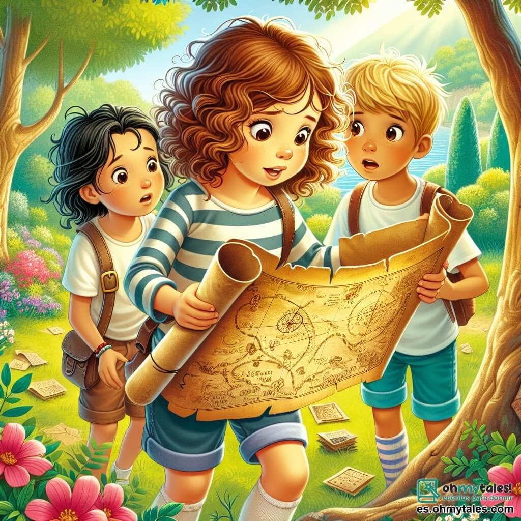 Une illustration sous forme de dessin destinée aux enfants représentant un parc ensoleillé avec des arbres verdoyants et des fleurs colorées, où une fille de 11 ans aux cheveux châtains et bouclés, portant une chemise à rayures et un short, examine avec curiosité un vieux mappe enroulé, tandis que deux amis, un garçon aux cheveux blonds et une fille aux cheveux noirs, l'observent avec enthousiasme, tous trois plongés dans une aventure de chasse au trésor, entourés d'indices mystérieux et d'une atmosphère d'exploration.