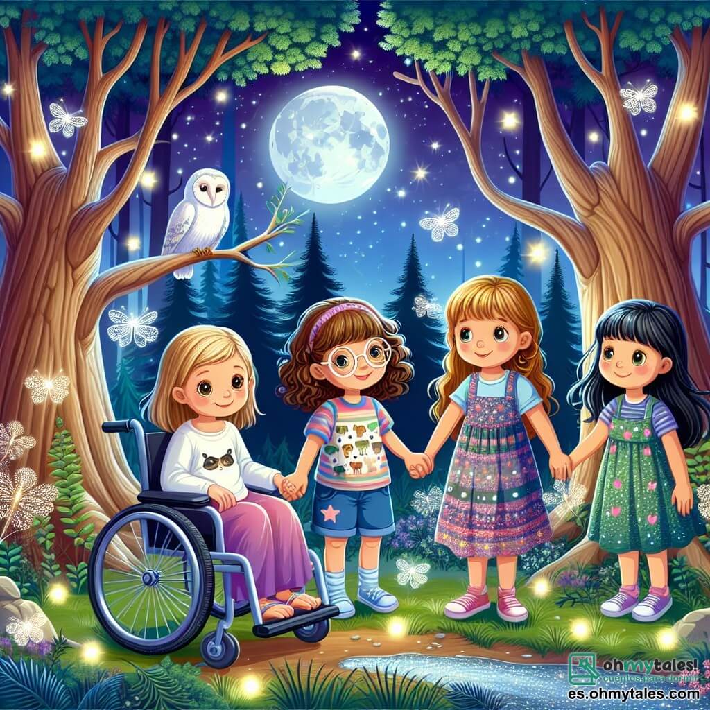 Ilustración que representa un mágico claro de luna en un bosque encantado, donde majestuosos árboles de troncos gruesos se elevan hacia un cielo estrellado. La luz de la luna ilumina un pequeño arroyo brillante, donde luciérnagas bailan alrededor, creando una atmósfera de ensueño. En el centro de la escena, cuatro niñas, de aproximadamente 8 a 10 años, se toman de la mano, sus rostros iluminados por la suave luz de las luciérnagas. Una de ellas, con cabello castaño y gafas, está sentada en una silla de ruedas, mostrando una gran sonrisa. A su lado, una niña de cabello rubio y rizado, vestida con un vestido colorido, mira con asombro. Otra, con cabello negro y liso, lleva una camiseta con estampados de animales y parece curiosa. Finalmente, la última, con cabello castaño y flequillo, parece un poco tímida pero decidida. La escena captura el momento en que las niñas descubren la magia de la noche, rodeadas de luces centelleantes, mientras una gran lechuza blanca, posada en una rama, las observa con ojos brillantes y sabios. Estrellas brillantes salpican el cielo, añadiendo un toque de misterio y belleza a esta aventura nocturna.