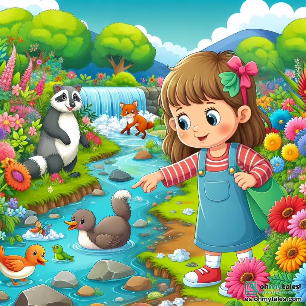 Une illustration destinée aux enfants représentant une petite fille curieuse, entourée d'animaux et de plantes, découvrant un ruisseau pollué par des déchets, dans un magnifique jardin fleuri aux couleurs vives.
