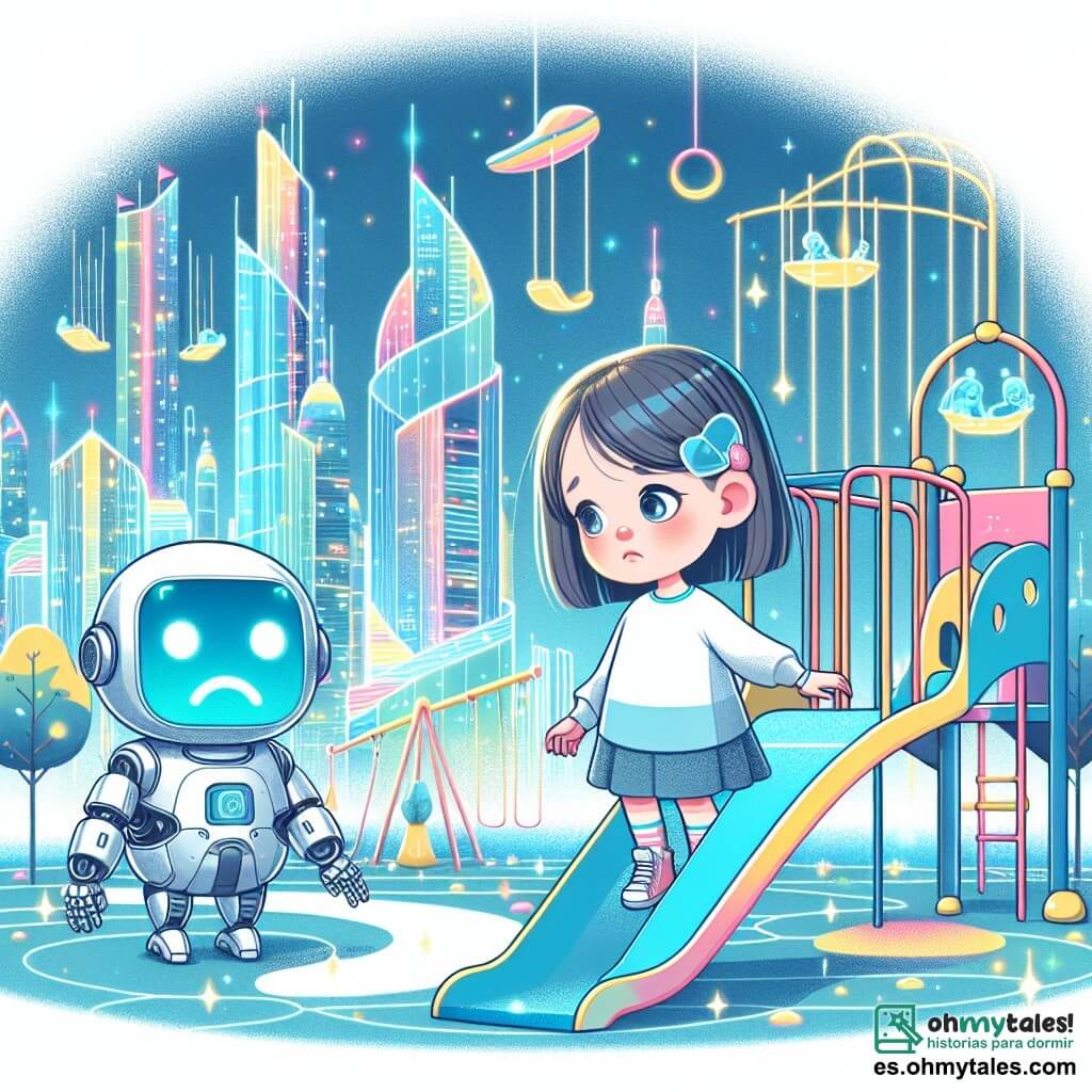 Une illustration destinée aux enfants représentant une petite fille curieuse explorant un parc futuriste avec un robot triste à ses côtés, entourés de toboganes lumineux et de columpios flottants, dans la ville brillante de Lumina avec des bâtiments hauts touchant le ciel et des voitures volantes.