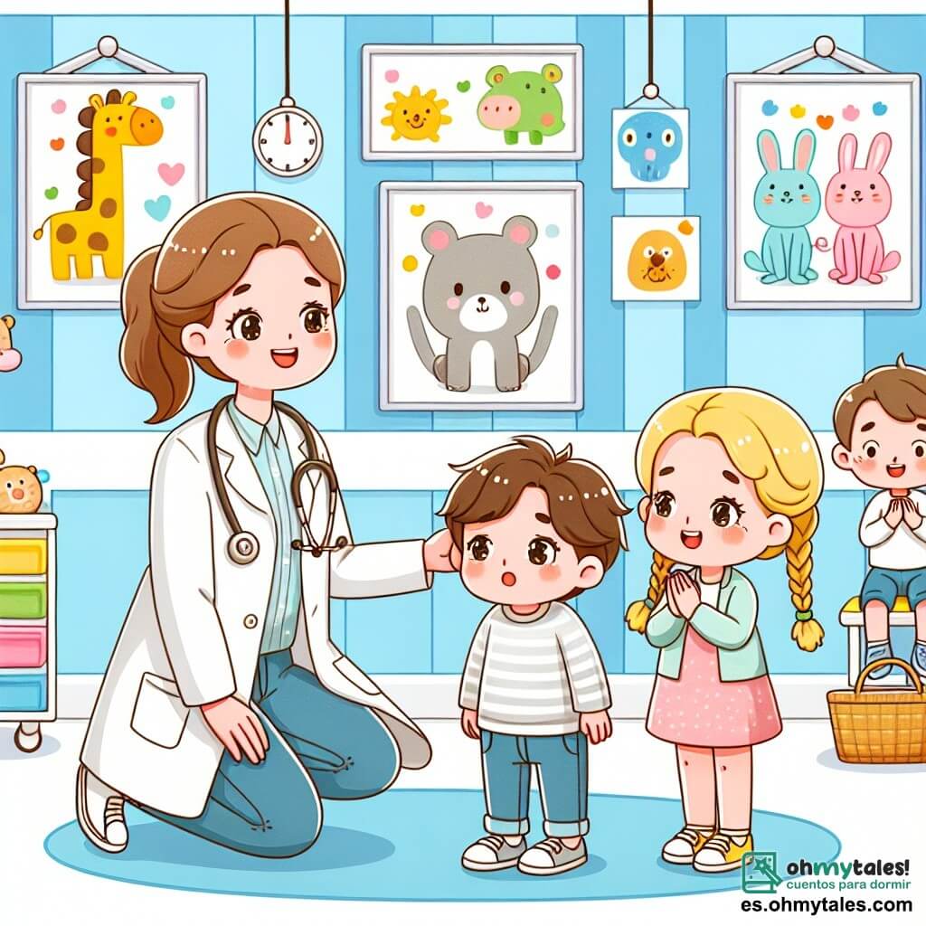 Une illustration sous forme de dessin destinée aux enfants représentant un hôpital coloré et accueillant, avec des murs peints en bleu clair et des décorations de dessins d'animaux, au centre de la scène, une femme médecin souriante, portant une blouse blanche et un stéthoscope autour du cou, s'agenouille près d'un garçon aux cheveux bruns et aux yeux pétillants, qui a l'air inquiet mais curieux, tandis qu'un autre enfant, une fille aux cheveux blonds et tressés, applaudit joyeusement en arrière-plan, illustrant le moment où la médecin rassure le garçon sur sa douleur à la pancita, entourée de jouets et de dessins d'enfants accrochés aux murs, créant une atmosphère chaleureuse et réconfortante.