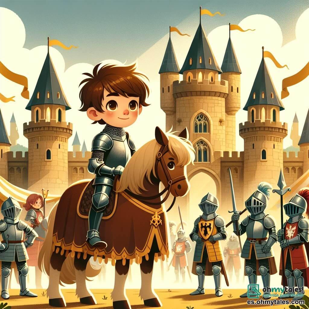 Une illustration sous forme de dessin destinée aux enfants représentant un majestueux château médiéval avec de hautes tours et des drapeaux flottants, où un garçon de 11 ans aux cheveux châtain ébouriffés et aux yeux pétillants, vêtu d'une armure légèrement trop grande, se tient sur un cheval, l'air déterminé, prêt à participer à une juste, tandis qu'un groupe de chevaliers en armure brillante l'entoure, discutant avec enthousiasme de la compétition, le tout baigné dans une lumière dorée de fin d'après-midi qui évoque l'esprit d'aventure et de bravoure.