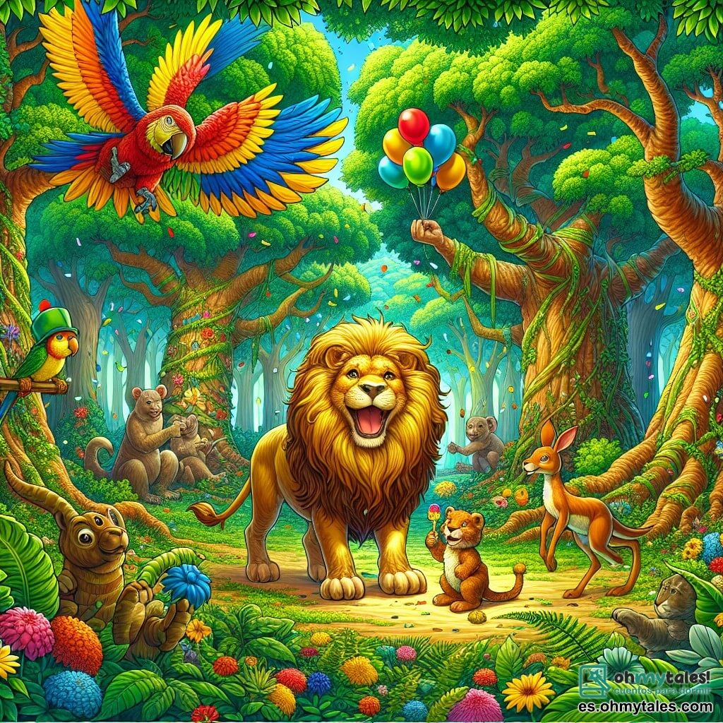 Ilustración que representa una escena animada en un bosque encantado, donde los majestuosos árboles de troncos gruesos y hojas de un verde brillante se entrelazan para formar un techo natural. En el suelo, una alfombra de flores coloridas y helechos exuberantes añade un toque de magia al entorno. En el centro de la escena, un león de pelaje dorado brillante, con una melena despeinada en tonos amarillos y naranjas, se erige sobre sus patas traseras, con una gran sonrisa en su rostro, listo para saltar de alegría. A su lado, un pequeño loro con plumas brillantes de rojo, azul y verde vuela en círculos a su alrededor, con un aire travieso, mientras que un canguro de grandes orejas y pelaje marrón observa con curiosidad, con sus patas traseras listas para saltar. La situación principal muestra al león y sus amigos en plena fiesta, rodeados de risas y música, con globos de colores flotando en el aire y confeti cayendo a su alrededor, creando un ambiente alegre y festivo.