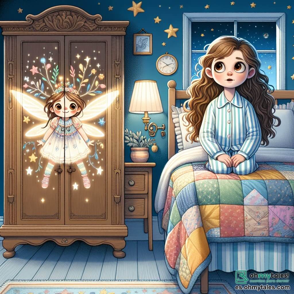 Ilustración que representa una habitación cálida y acogedora, con paredes pintadas de azul claro y estrellas doradas brillando en el techo. Una gran cama con un edredón colorido está contra una pared, y un pequeño escritorio de madera está lleno de libros y lápices. En un rincón, un armario de madera antigua proyecta una sombra misteriosa. En el centro de la imagen, una niña de 11 años, con largos cabellos castaños ondulados, está sentada en su cama. Lleva un pijama a rayas y tiene una mirada curiosa pero inquieta. Sus grandes ojos marrones brillan con un destello de angustia mientras observa el armario, con las manos en las rodillas, pareciendo dudar en levantarse. Al fondo, una pequeña criatura luminosa, con alas brillantes y una sonrisa cálida, flota cerca de la ventana. Tiene un aspecto de cuento de hadas, con colores pastel y un suave resplandor que ilumina la habitación, contrastando con la sombra del armario. La situación principal muestra a la niña enfrentándose a su miedo a la oscuridad, mientras que la criatura luminosa parece lista para ofrecerle consuelo y magia. Elementos gráficos adicionales incluyen sombras proyectadas en la pared, estrellas brillantes en el techo, y una suave luz de luna filtrándose por la ventana, creando una atmósfera a la vez misteriosa y reconfortante.