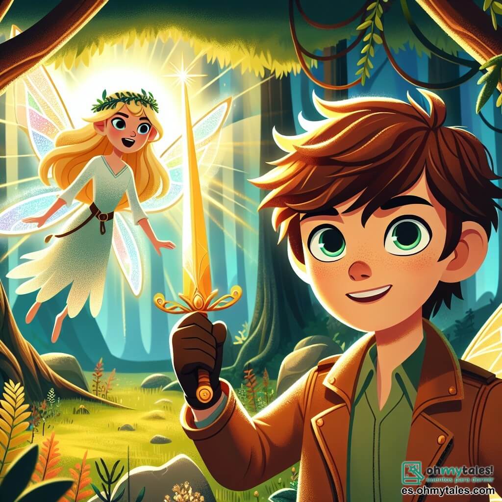 Une illustration sous forme de dessin destinée aux enfants représentant un magnifique clairière ensoleillée dans un forêt enchantée, où un garçon de 11 ans aux cheveux castaños en désordre et aux yeux pétillants de curiosité, brandit une épée lumineuse avec détermination, tandis qu'une fée aux ailes iridescentes et aux cheveux dorés, flottant à ses côtés, l'encourage avec un sourire, alors qu'ils se préparent à affronter une ombre menaçante qui plane au-dessus d'eux, symbolisant le défi de sauver le royaume d'Eldoria de la noirceur.