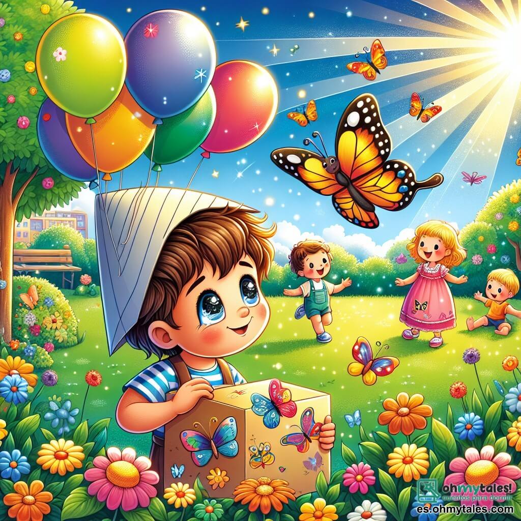 Ilustración que representa un parque soleado, lleno de flores coloridas y árboles frondosos. En el centro, un niño de cuatro años, con cabello castaño y ojos brillantes, lleva un casco de papel y mira con una sonrisa melancólica a una mariposa con alas brillantes de amarillo, azul y naranja que vuela a su alrededor. A su lado, una niña de su edad, con cabello rubio y un vestido rosa, sostiene una caja decorada con dibujos de mariposas y colores vivos. Están rodeados de otros niños que juegan alegremente, pero el niño parece perdido en sus pensamientos, recordando a su amigo desaparecido. Globos de colores flotan en el cielo, simbolizando los recuerdos y los sueños, mientras un suave rayo de sol ilumina la escena, aportando un toque de calidez y esperanza.