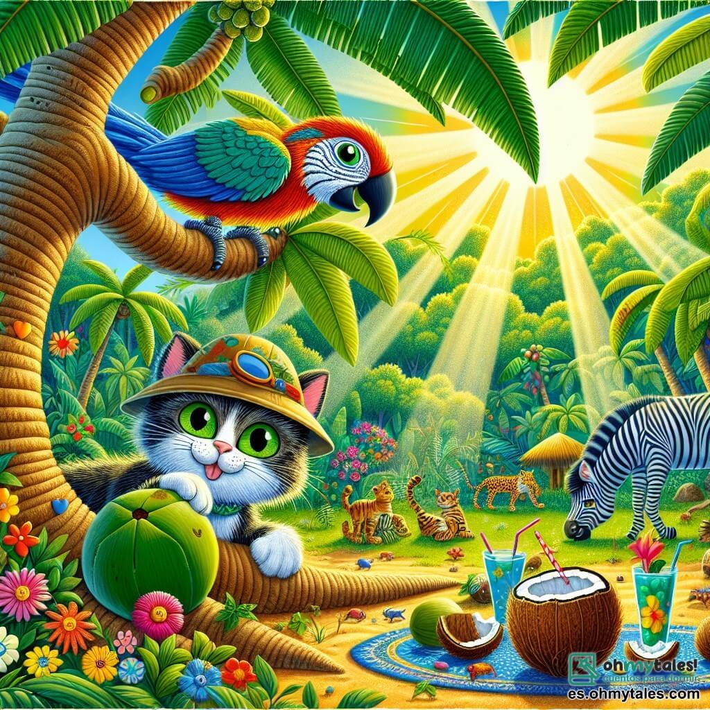 Ilustración que representa un claro soleado de la jungla, lleno de grandes hojas verdes, flores coloridas y una majestuosa palmera en el centro. A los pies del árbol, un gato de ojos verdes brillantes, con un pequeño sombrero de explorador y una mochila colorida, se inclina curiosamente hacia un grupo de cocos esparcidos por el suelo. Junto a él, un loro con plumas brillantes de rojo y azul, picoteando un trozo de fruta, observa la escena con aire travieso. Más lejos, una cebra rayada, con una sonrisa amigable, está lista para compartir bebidas tropicales con los demás animales. La escena irradia una atmósfera alegre y animada, con rayos de sol filtrándose a través de las hojas, creando sombras danzantes en el suelo. Risas y colores vivos añaden a la atmósfera festiva de este encuentro amistoso en el corazón de la jungla.