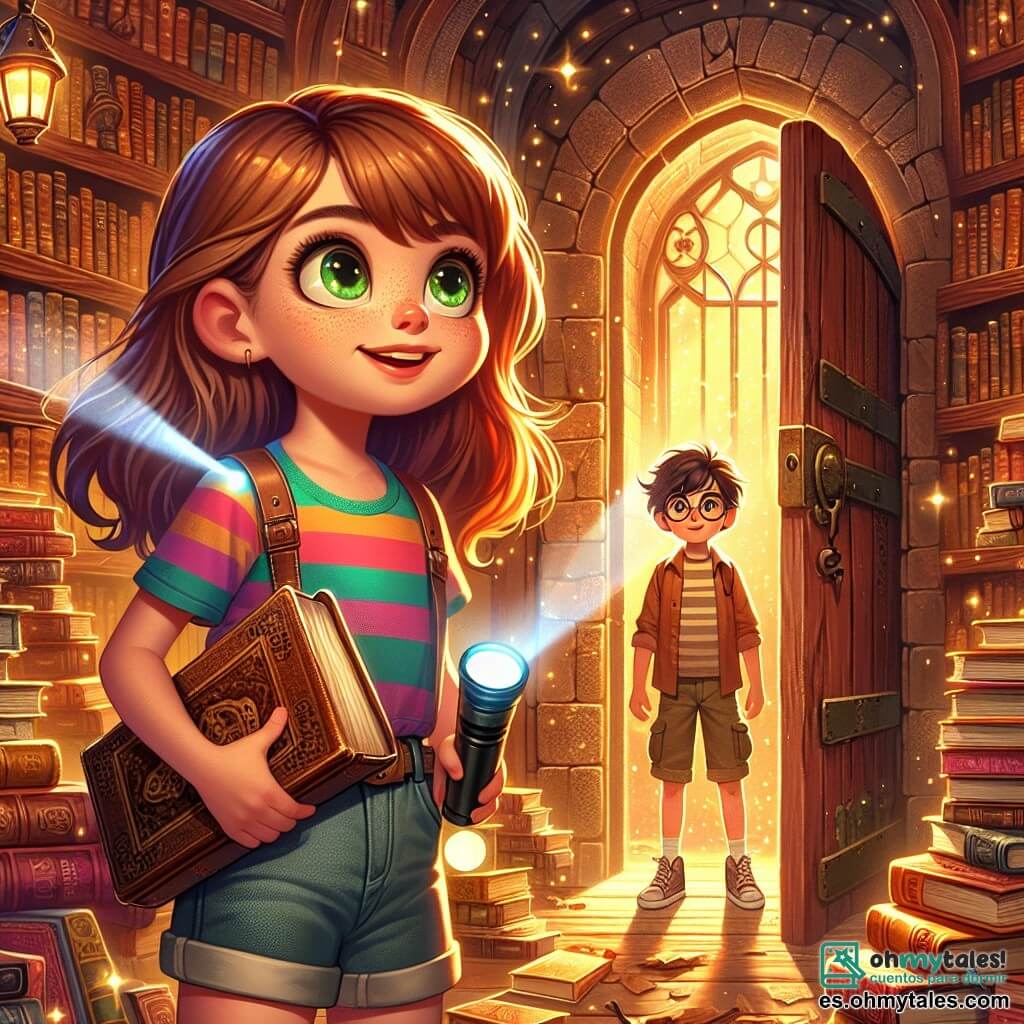 Ilustración que representa una escena mágica dentro de una antigua biblioteca. Las paredes están cubiertas de libros polvorientos con cubiertas coloridas, y grandes ventanas dejan pasar rayos de luz dorada que iluminan la habitación. En el centro, una pequeña puerta de madera, entreabierta, revela un misterioso sótano. En primer plano, una niña de 11 años, con largos cabellos castaños brillantes, lleva una camiseta colorida y un short de mezclilla. Sus ojos verdes brillan de curiosidad mientras sostiene una linterna en una mano y un viejo diario de cuero en la otra. Tiene una sonrisa decidida, lista para descubrir los secretos ocultos de la biblioteca. A su lado, un niño de 12 años, con el cabello castaño desordenado y gafas redondas, observa con fascinación. Lleva una camiseta a rayas y un short cargo. Sus ojos brillan de emoción, y sostiene un pequeño cuaderno donde toma notas sobre sus descubrimientos. La escena principal muestra a la niña preparándose para abrir la puerta del sótano, mientras el niño la anima con una mirada admirativa. Al fondo, estanterías de libros y objetos misteriosos, como una brújula y un mapa antiguo, añaden un toque de aventura y misterio a la ilustración.
