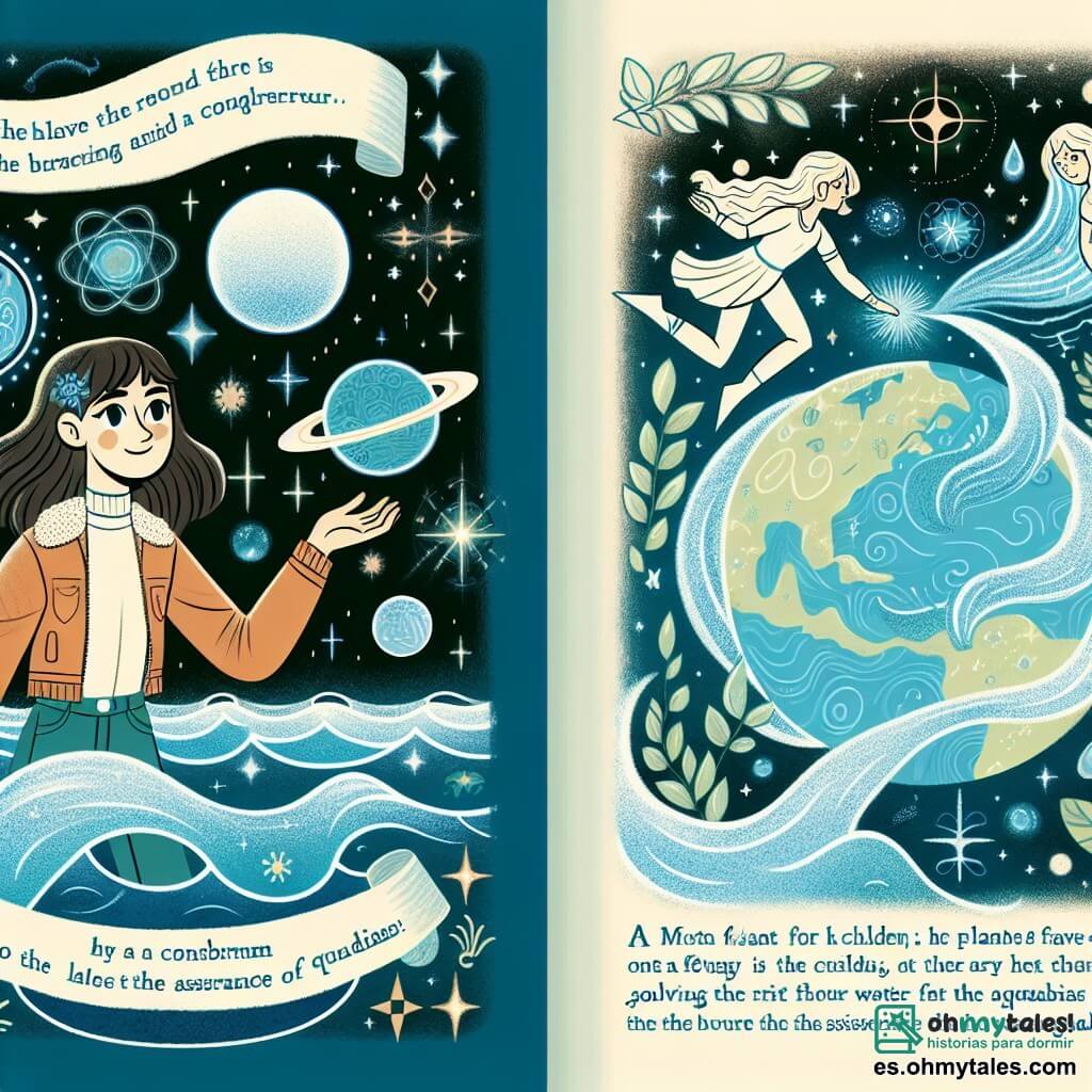 Une illustration destinée aux enfants représentant une jeune femme courageuse, sur un planète Aquaria aux rivières scintillantes, résolvant un acertijo avec l'aide des Gardiens de l'Eau.