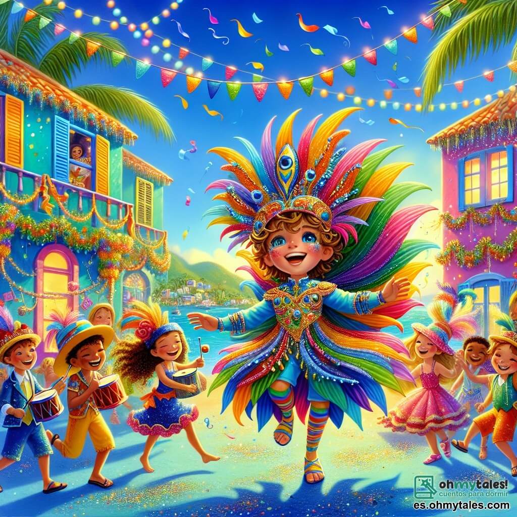 Ilustración que representa un carnaval colorido en una isla tropical. Al fondo, casas de colores vivos adornadas con guirnaldas festivas se alzan bajo un cielo azul brillante, mientras palmeras bailan suavemente al viento. En el centro, un niño de 11 años, con cabello rizado y ojos brillantes, lleva un hermoso disfraz de pez arcoíris, hecho de telas brillantes y coloridas que brillan bajo el sol. Él baila alegremente, con los brazos abiertos, como si flotara en el agua, rodeado de risas y música. A su lado, un grupo de niños de 6 a 10 años, todos vestidos con variados disfraces, se divierten jugando con serpentinas y confeti. Una niña de cabello largo y trenzado lanza purpurina al aire, mientras otro niño, con un sombrero colorido, aplaude al ritmo de la música. La escena captura la efervescencia del carnaval, con globos de colores flotando en el aire, tambores resonando de fondo y sonrisas radiantes en los rostros de los niños, creando una atmósfera de alegría y magia.