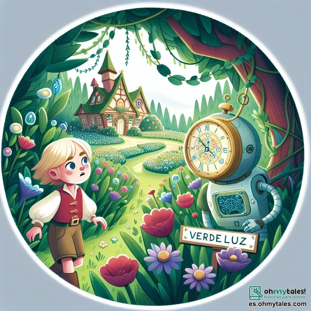 Une illustration destinée aux enfants représentant une jeune fille découvrant un mystérieux reloj magique dans un jardin luxuriant, accompagnée d'un robot amical, se déroulant dans un petit village appelé Verdeluz, où les fleurs dansaient au rythme du vent.
