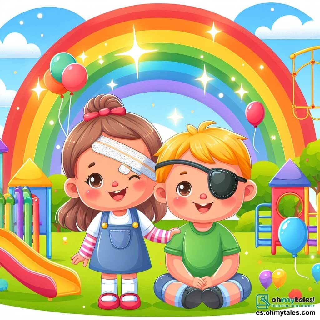 Une illustration destinée aux enfants représentant une petite fille souriante, portant un pansement sur l'oreille, accompagnée d'un ami avec un patch sur l'œil, dans un parc coloré rempli de jeux, ballons et un arc-en-ciel brillant en arrière-plan, symbolisant l'aventure de la guérison et de l'amitié.