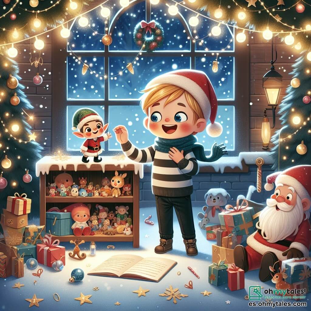 Une illustration destinée aux enfants représentant un garçon plein d'enthousiasme, découvrant un petit duende dans un atelier de Santa Claus, décoré de guirlandes lumineuses et de jouets étincelants, lors d'une froide nuit de décembre.