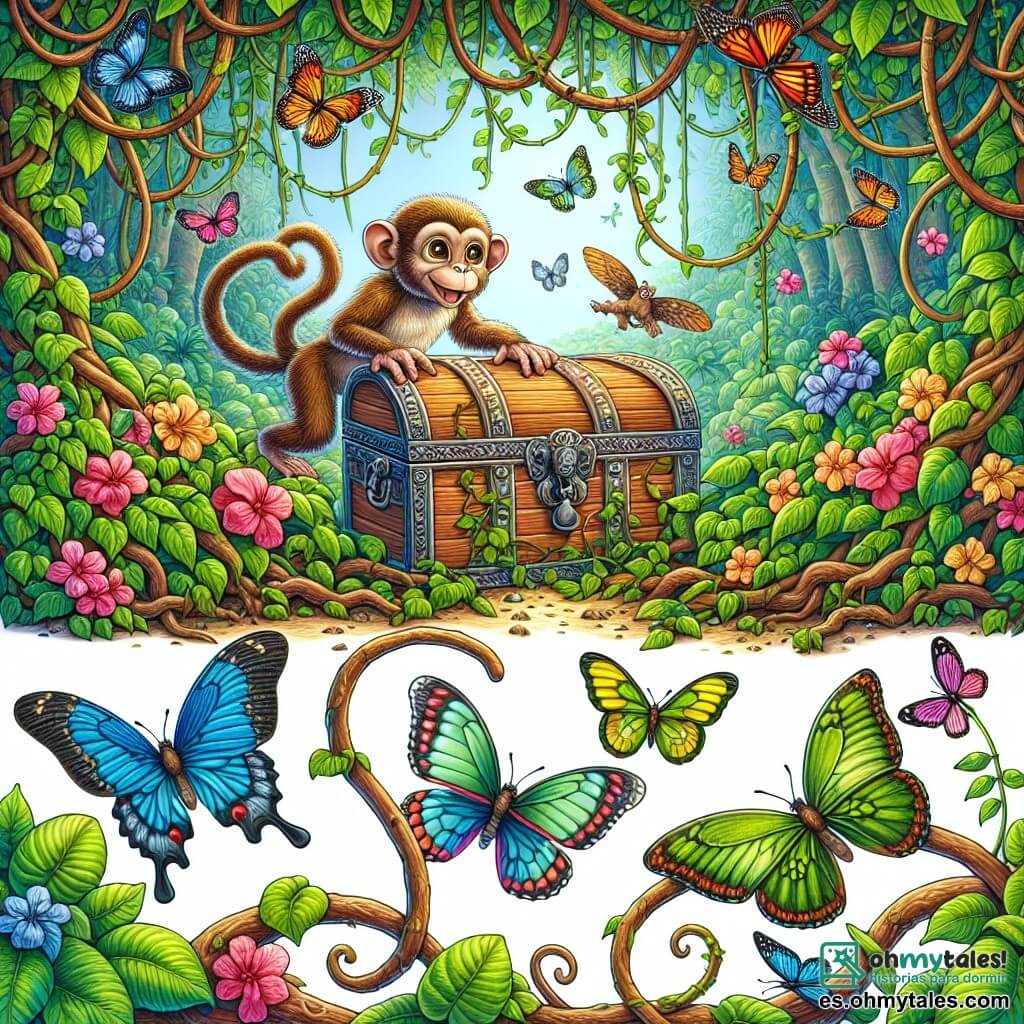 Une illustration destinée aux enfants représentant un singe curieux découvrant un mystérieux coffre dans une jungle luxuriante, avec des lianes entrelacées et des papillons multicolores virevoltant autour de lui.