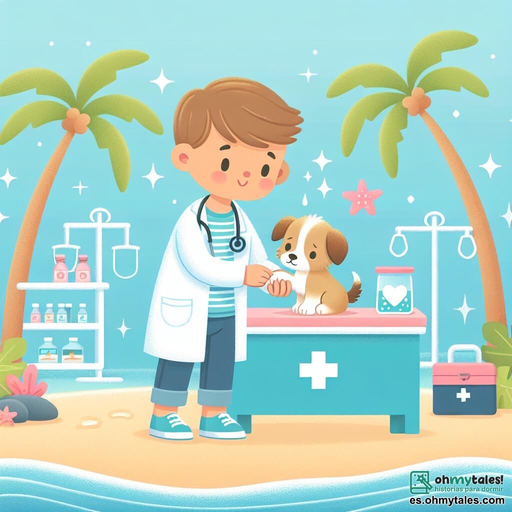 Une illustration destinée aux enfants représentant un jeune vétérinaire passionné prenant soin d'un chiot blessé dans une charmante clinique vétérinaire en bord de mer, avec des palmiers et des vagues scintillantes en arrière-plan.