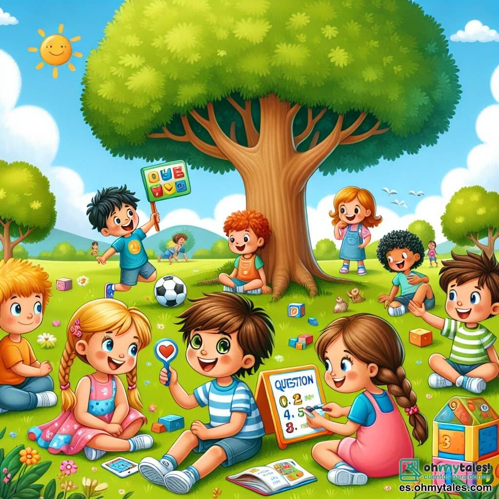 Ilustración que representa un parque soleado, con un gran árbol en el centro, cuyas ramas extendidas ofrecen sombra a un grupo de niños sentados sobre la hierba verde. En primer plano, un niño de seis años con cabello castaño y gafas, sonriente, sostiene un cartel colorido que dice "¡Todos somos iguales!" A su lado, una niña de seis años con trenzas rubias, vestida con un vestido rosa, dibuja un gran corazón en una hoja de papel. Otro niño, con el cabello negro desordenado, está mostrando un juego de preguntas a sus amigos, mientras que una niña de cabello castaño rizado, que lleva una camiseta azul, ríe al escuchar. En el fondo, otros niños juegan juntos, algunos al fútbol, otros construyendo una gran torre con bloques de colores. La atmósfera es alegre y llena de camaradería, ilustrando la idea de igualdad y amistad entre niños y niñas.