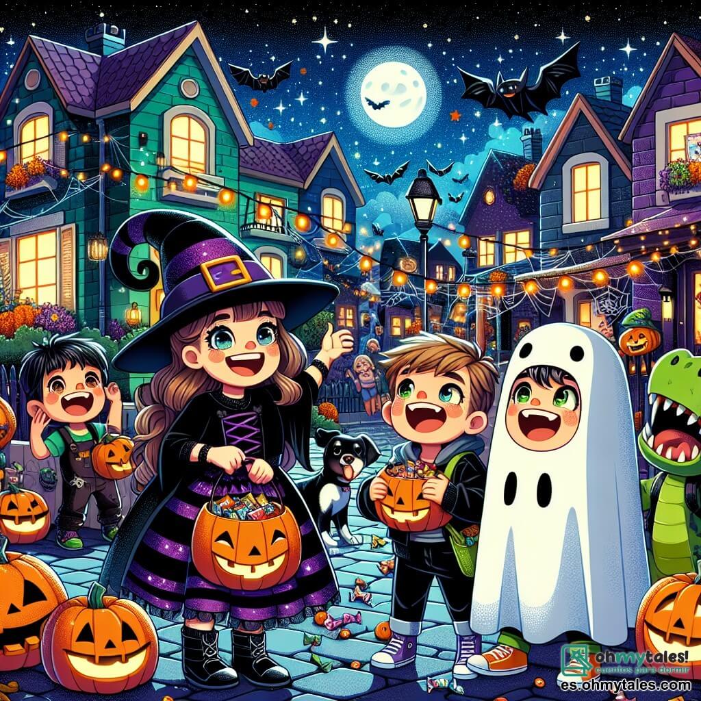 Ilustración que representa una escena de Halloween en un barrio animado. La noche está estrellada, con casas coloridas decoradas con telarañas y calabazas sonrientes iluminadas por velas. En el centro de la imagen, un grupo de tres niños se encuentra alegremente. Una niña de unos 8 años, con largos cabellos castaños y disfraz de brujita negro y violeta, sonríe mientras sostiene una gran bolsa llena de caramelos. A su lado, un niño de 7 años, vestido con una sábana blanca con agujeros para los ojos, hace un gesto de sorpresa, con los brazos levantados. Por último, un niño de 9 años, disfrazado de dinosaurio con escamas verdes, ríe mostrando su bolsa rebosante de golosinas. Al fondo, una casa oscura con luces centelleantes y un perro disfrazado de monstruo que mueve la cola, añadiendo un toque divertido a la atmósfera festiva. Los niños parecen emocionados y felices, listos para continuar su búsqueda de caramelos.