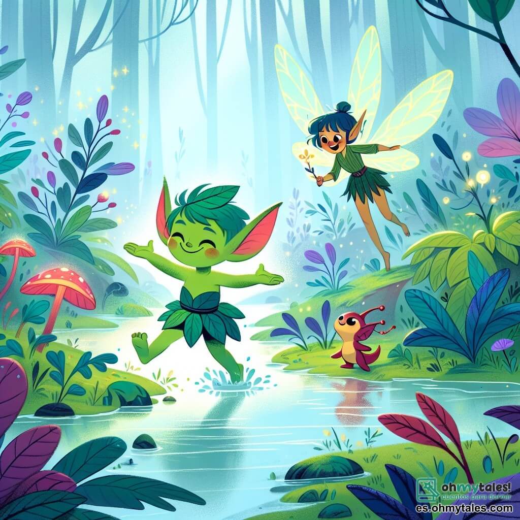 Une illustration sous forme de dessin destinée aux enfants représentant un marais brumeux aux couleurs vives, avec des plantes aux teintes éclatantes de vert, bleu et violet, où un petit elfe garçon à la peau verte et aux grandes oreilles pointues, vêtu d'une chaquette de feuilles, saute joyeusement en traversant un petit ruisseau, tandis qu'une luciérnaga lumineuse, une petite fille aux ailes scintillantes, l'encourage avec un sourire, et un petit dragon rouge aux écailles brillantes les observe en riant, capturant l'instant magique où l'elfe découvre le courage de surmonter ses peurs dans ce jardin féerique.