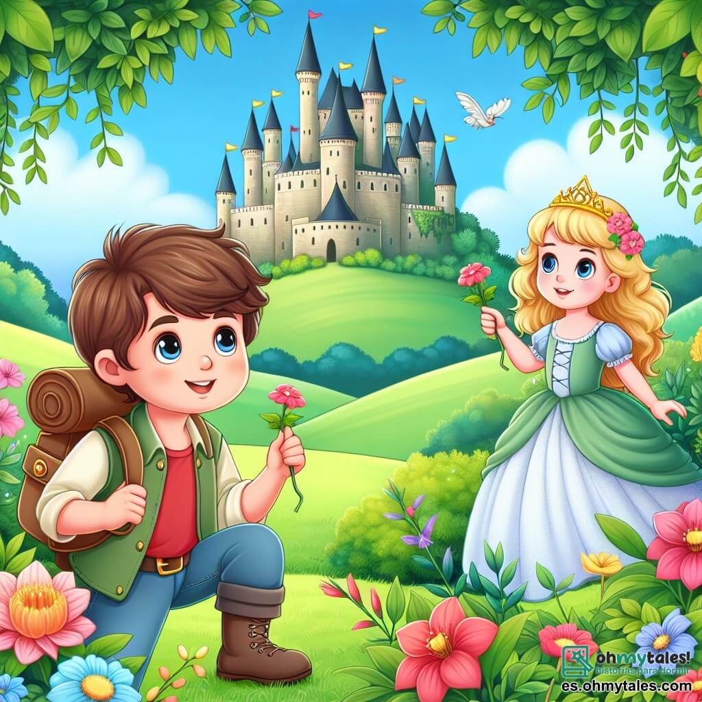 Une illustration destinée aux enfants représentant un jeune garçon curieux et aventurier, découvrant un monde magique avec l'aide d'une princesse courageuse, dans un magnifique château entouré de prairies verdoyantes et de fleurs colorées.