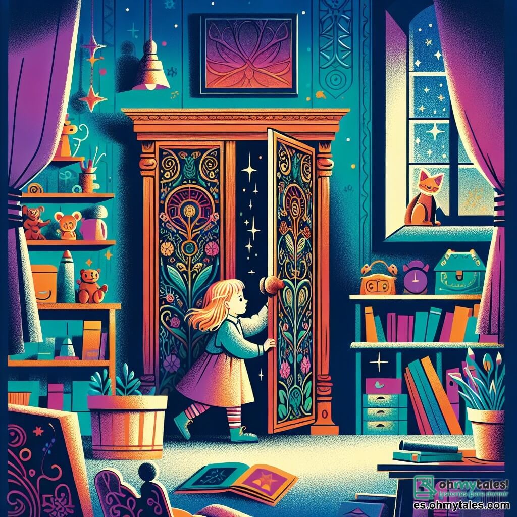 Une illustration destinée aux enfants représentant une petite fille intrépide, confrontée à sa peur du noir, découvrant un monde magique caché derrière les portes d'un mystérieux placard en bois, orné de motifs féeriques, dans sa chambre colorée remplie de jouets et de livres.