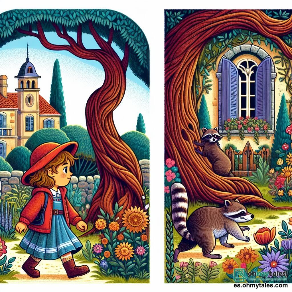 Une illustration destinée aux enfants représentant une petite fille vêtue d'une chaude chaqueta rouge, explorant un jardin secret avec des fleurs colorées et un vieux arbre majestueux, accompagnée d'un raton laveur malicieux, dans le paisible village de Villa Azul.