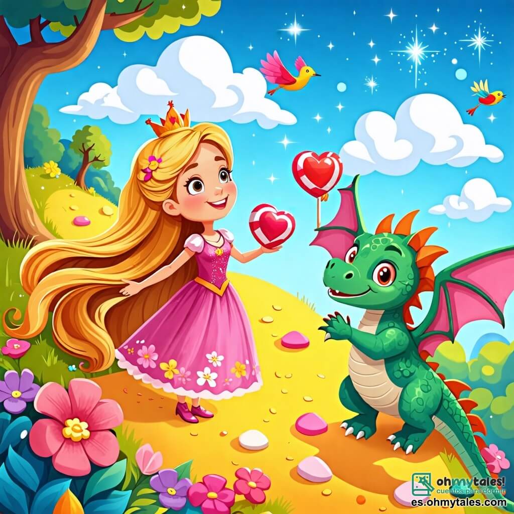 Ilustración que representa una colina encantada cubierta de caramelo de colores, con árboles de troncos retorcidos y hojas brillantes. En la cima de la colina, una princesa de largos cabellos dorados y vestido rosa brillante, adornado con flores, sonríe alegremente sosteniendo un gran caramelo en forma de corazón. A su lado, un pequeño dragón verde con grandes alas y ojos chispeantes, que salta de alegría, sosteniendo un caramelo gigante con sus patas. La escena muestra el momento en que el dragón corre tras un enorme caramelo que rueda cuesta abajo, mientras pájaros coloridos vuelan alrededor, cantando melodías alegres. El cielo es azul con nubes esponjosas, y estrellas brillan suavemente, añadiendo un toque mágico al conjunto.