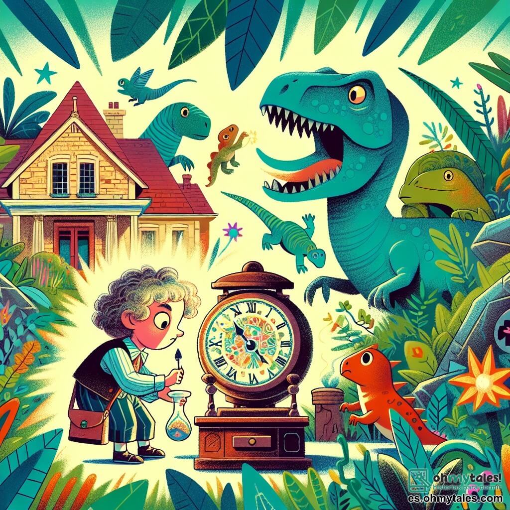 Une illustration destinée aux enfants représentant une fillette curieuse découvrant un mystérieux reloj magique dans le grenier de sa maison, accompagnée d'un petit dinosaure ami, se trouvant soudainement au milieu d'une jungle préhistorique luxuriante et peuplée de créatures gigantesques aux couleurs vives et aux formes étranges.