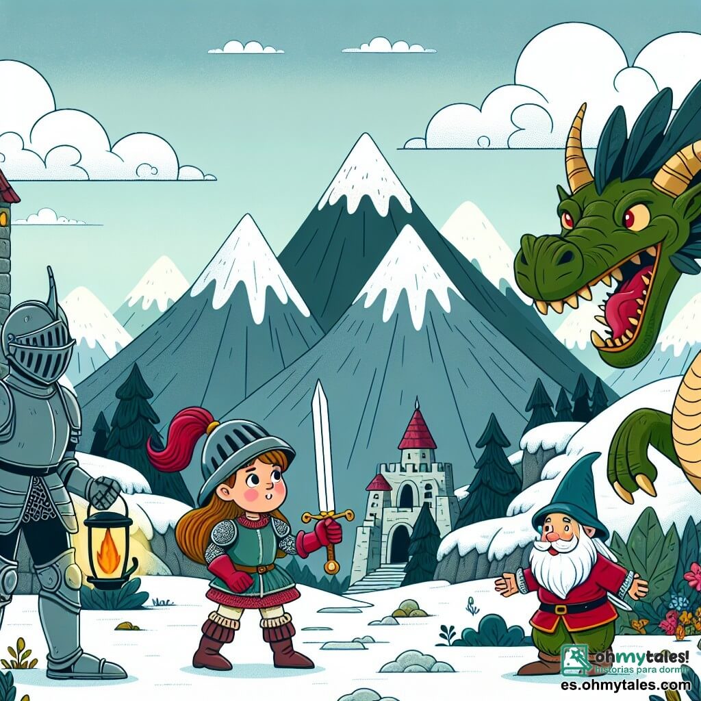 Une illustration destinée aux enfants représentant une chevalière courageuse affrontant un dragon terrifiant avec l'aide d'un duende espiègle, dans un royaume médiéval rempli de montagnes enneigées et de forêts mystérieuses.