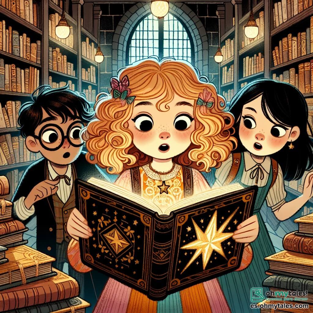 Une illustration sous forme de dessin destinée aux enfants représentant une bibliothèque ancienne et magique avec des étagères en bois remplies de livres poussiéreux, où une fille de 9 ans aux cheveux bouclés couleur miel, vêtue d'une robe colorée, examine avec émerveillement un vieux livre au symbole d'étoile brillant, tandis que deux amis, un garçon aux lunettes et une fille aux cheveux lisses et noirs, se penchent par-dessus son épaule, tous trois captivés par un mystérieux plan qui les mènera à une aventure incroyable sur une île secrète.
