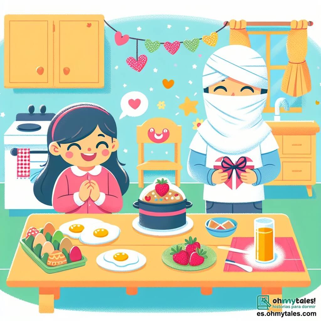 Une illustration destinée aux enfants représentant une petite fille joyeuse préparant un petit-déjeuner surprise avec sa maman pour son papa, dans une cuisine lumineuse remplie de couleurs et de cœurs.