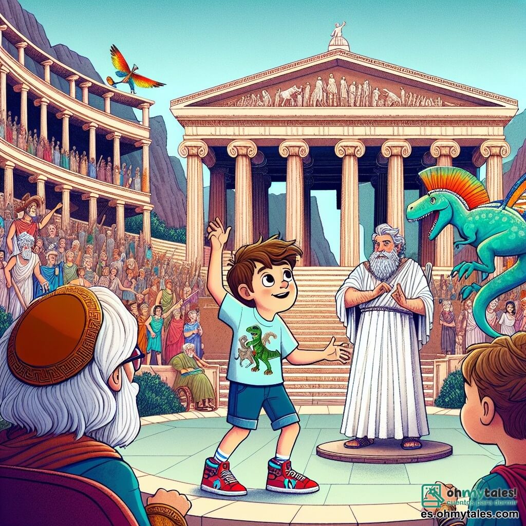 Une illustration sous forme de dessin destinée aux enfants représentant un grand amphithéâtre de la Grèce antique, avec des colonnes majestueuses et une foule enthousiaste, au centre un garçon de 7 ans aux cheveux bruns et aux yeux pétillants, portant une t-shirt de dinosaure et des baskets rouges, qui aide à stabiliser une immense statue d'Athena qui vacille, tandis qu'un homme âgé en toge blanche, avec une barbe grise, observe avec admiration, et un petit lapin aux ailes colorées vole autour d'eux, ajoutant une touche magique à cette scène de courage et d'amitié au cœur d'une aventure de voyage dans le temps.