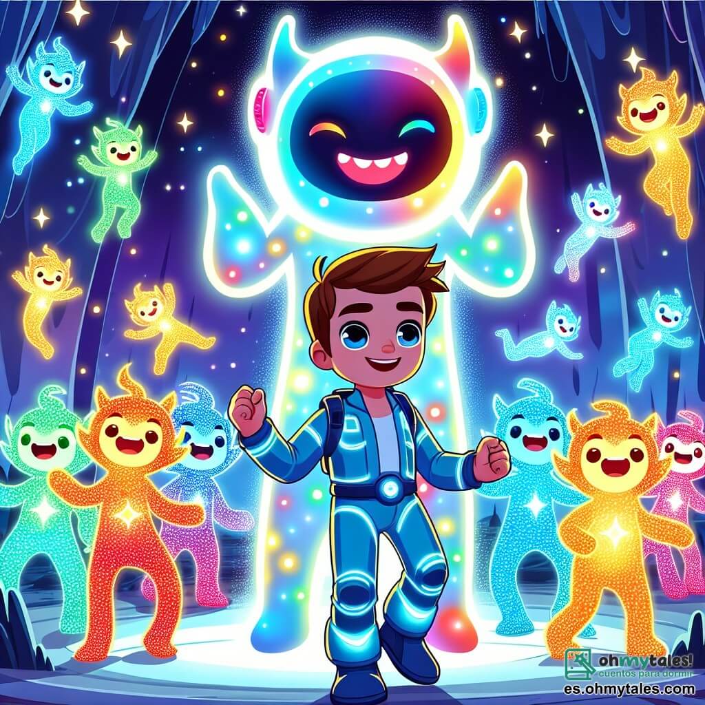 Une illustration sous forme de dessin destinée aux enfants représentant une scène colorée sur le planète Luminaris, où un homme aux cheveux bruns et aux yeux pétillants, vêtu d'une combinaison spatiale bleue brillante, se tient courageusement devant une créature lumineuse aux couleurs changeantes, tandis que des Luminosos, des êtres faits de lumière avec des corps scintillants et des visages souriants, l'entourent en dansant joyeusement, tous unis pour restaurer la lumière de leur monde face à l'ombre menaçante d'un monstre sombre en arrière-plan, créant une atmosphère de coopération et d'amitié.