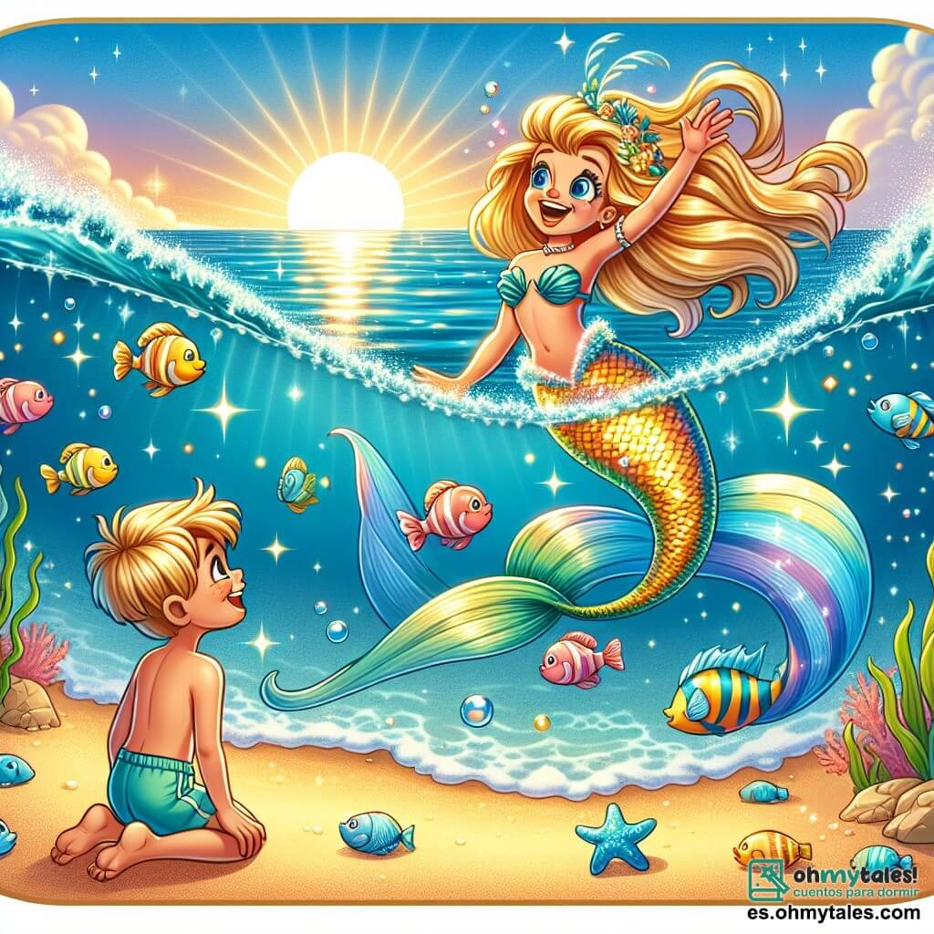 Une illustration sous forme de dessin destinée aux enfants représentant une plage ensoleillée avec des vagues scintillantes, où une sirène aux longs cheveux dorés et à la queue irisée danse joyeusement sous l'eau, entourée de plusieurs petits poissons colorés qui l'observent avec curiosité, tandis qu'un jeune garçon aux yeux pétillants, vêtu d'un short de bain, se tient sur le rivage, émerveillé par la beauté de la scène, capturant l'instant magique où la sirène chante une mélodie envoûtante, invitant le garçon à plonger dans son monde sous-marin.