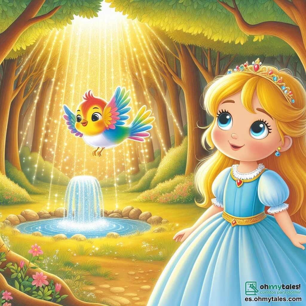 Une illustration sous forme de dessin destinée aux enfants représentant un clair de forêt enchanté, baigné de lumière dorée, où une princesse aux cheveux dorés et aux yeux brillants, vêtue d'une robe bleu ciel, se tient avec émerveillement devant une source scintillante, tandis qu'un petit oiseau coloré aux plumes arc-en-ciel, flottant joyeusement à ses côtés, lui parle de la magie et des secrets du bois, illustrant ainsi le moment où elle découvre le pouvoir de la bonté et de la sagesse dans son cœur.