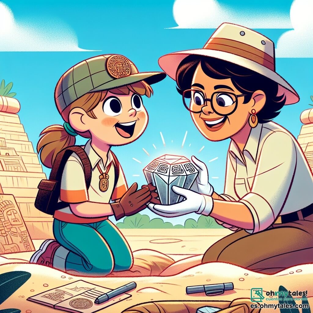 Une illustration sous forme de dessin destinée aux enfants représentant un site archéologique ensoleillé au Mexique, avec une jeune fille aux cheveux bruns attachés en queue de cheval, portant une casquette et une chemise d'exploratrice, qui découvre avec émerveillement une grande losange de pierre ornée de symboles azteques, tandis qu'une femme archéologue d'âge moyen, aux lunettes et au sourire chaleureux, observe attentivement le travail de la jeune fille, entourées de sacs de sable et d'outils d'excavation, sous un ciel bleu parsemé de nuages blancs, évoquant l'excitation et la curiosité de l'exploration historique.