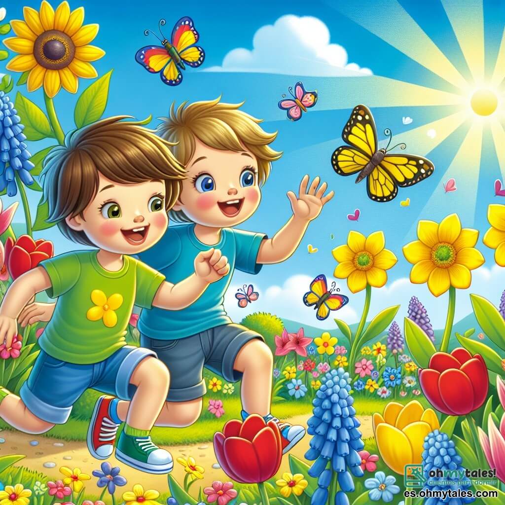 Ilustración que representa un jardín colorido en primavera, lleno de flores brillantes de colores vivos: tulipanes rojos, girasoles amarillos y jacintos azules. En el centro, dos jóvenes amigos, un niño de 7 años con cabello castaño y gafas, vistiendo una camiseta verde y un pantalón corto azul, y un niño de 6 años con cabello rubio, vestido con una camiseta amarilla y pantalones cortos, están corriendo alegremente detrás de una mariposa amarilla. Las caras de los niños están iluminadas por sonrisas maravilladas, con los brazos extendidos hacia la mariposa que vuela de flor en flor. Al fondo, un cielo azul claro con algunas nubes blancas y un sol radiante, añadiendo una atmósfera alegre y primaveral a la escena. Mariposas y abejas revolotean alrededor de las flores, mientras un pequeño pájaro canta en una rama de árbol.