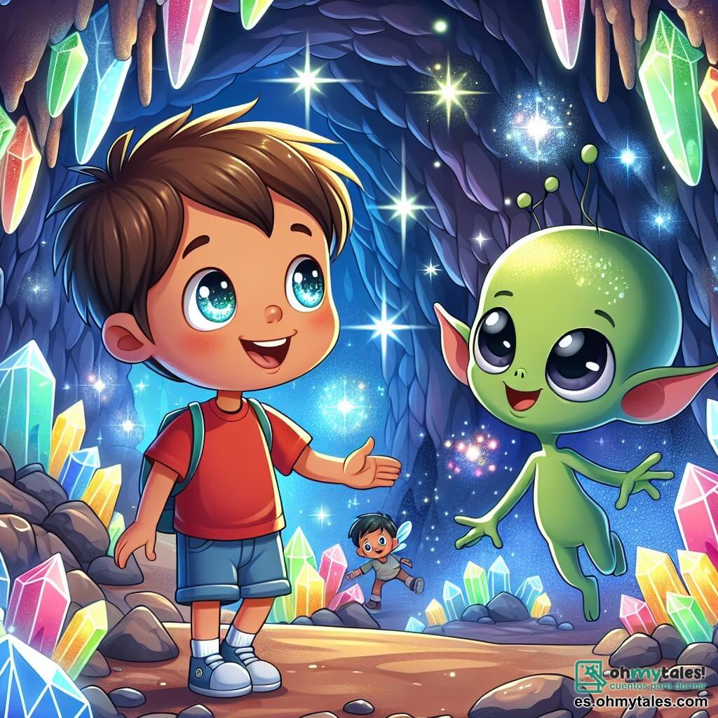 Une illustration sous forme de dessin destinée aux enfants représentant une caverne mystérieuse aux murs brillants de cristaux colorés, où un garçon de 7 ans aux cheveux bruns et aux yeux pétillants, vêtu d'un t-shirt rouge et d'un short bleu, regarde avec émerveillement un petit extraterrestre vert à grandes oreilles et sourire amical, qui flotte joyeusement à côté de lui, tandis qu'ils partagent un moment d'amitié et de découverte, entourés de lumières scintillantes et de formes étranges, illustrant leur rencontre magique et leur aventure intergalactique.