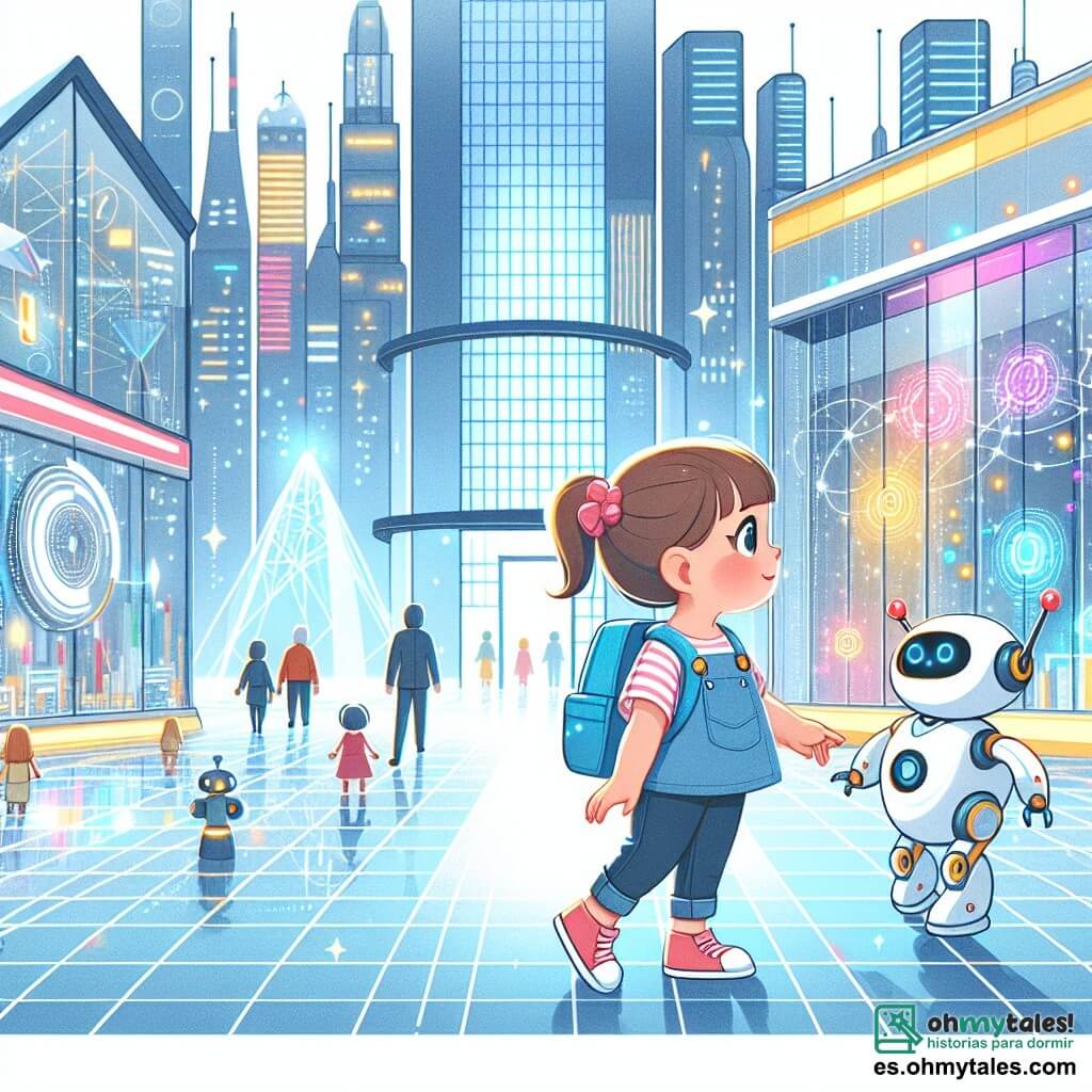 Une illustration destinée aux enfants représentant une petite fille curieuse explorant un musée de la ville du futur, accompagnée d'un robot amical, dans un bâtiment aux lumières brillantes et aux hologrammes magiques.