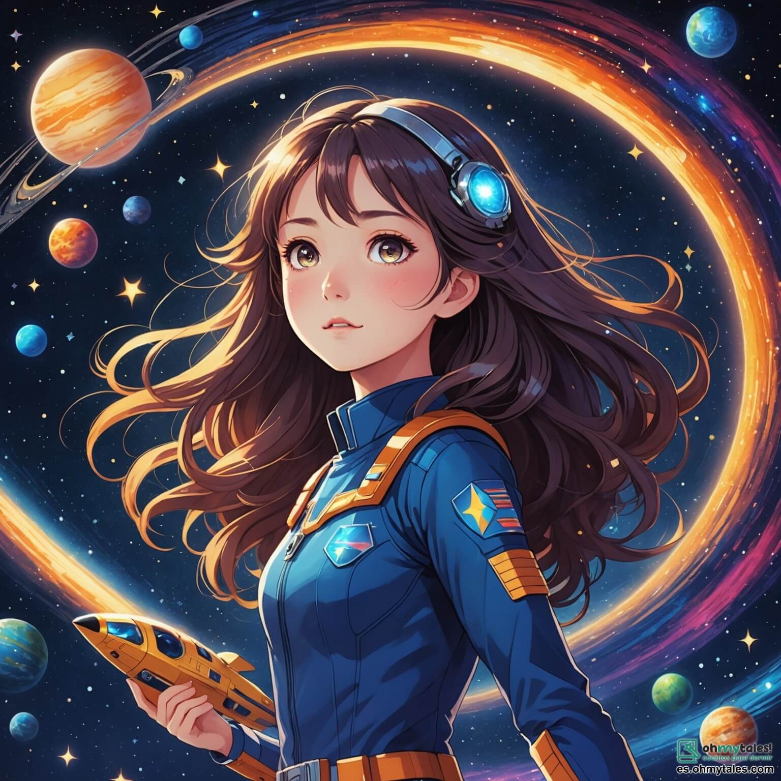 Une illustration destinée aux enfants représentant une jeune femme au regard pétillant comme des étoiles scintillantes dans l'immensité du cosmos, aux cheveux flottants tels des filaments de lumière, pilotant courageusement son vaisseau spatial aux couleurs chatoyantes à travers un ciel étoilé parsemé de planètes aux teintes vibrantes, où elle se lance dans une aventure palpitante pour sauver un monde en danger, accompagnée de son fidèle robot aux formes rondes et aux yeux lumineux, qui l'assiste avec bravoure et humour, le tout se déroulant sur la magnifique planète Aeloria, un lieu enchanteur aux paysages luxuriants, avec des océans d'un bleu profond, des forêts verdoyantes où les arbres dansent au gré du vent, et des montagnes majestueuses qui touchent presque les cieux, créant un tableau féerique d'une beauté à couper le souffle.