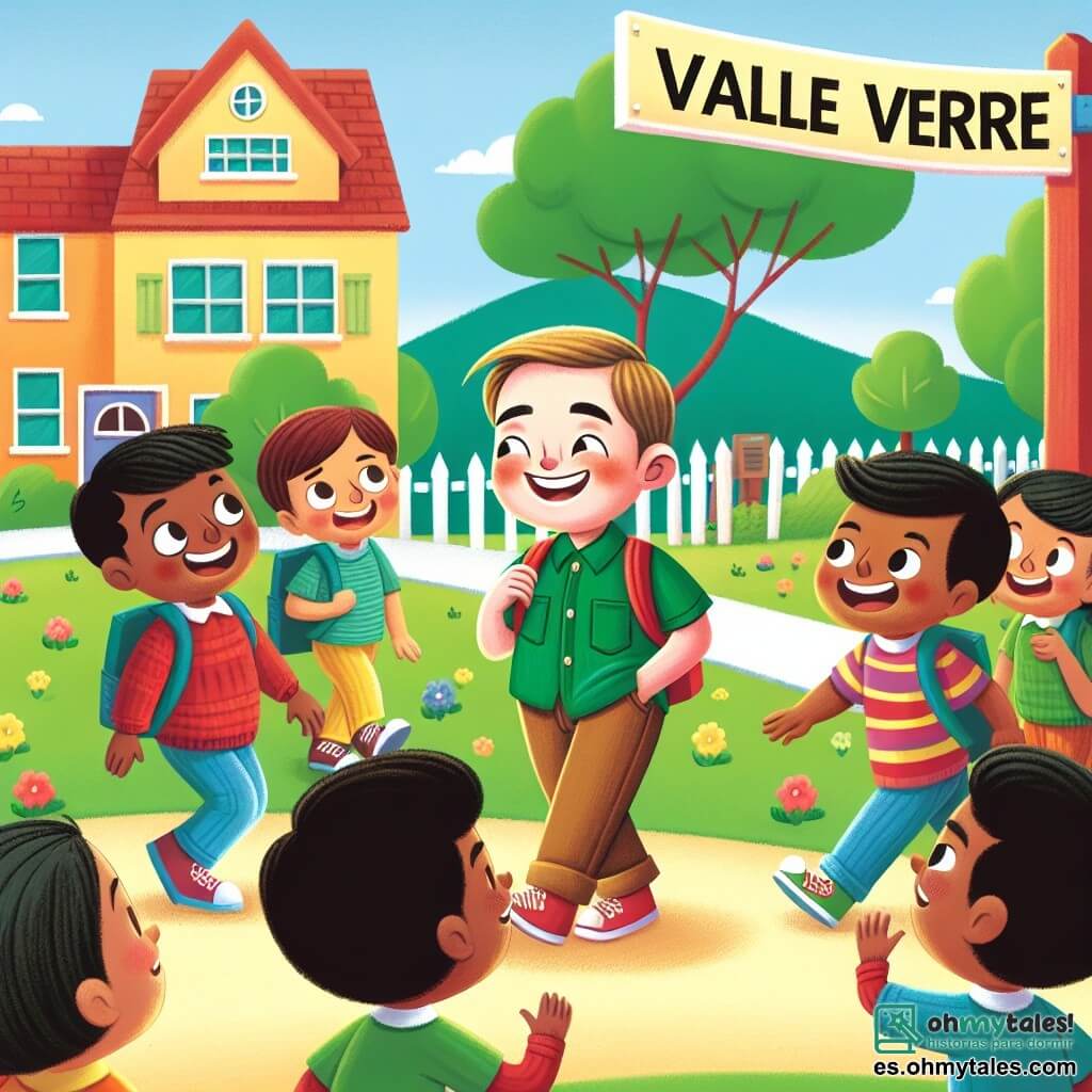 Une illustration destinée aux enfants représentant un garçon souriant entouré de ses amis, confronté à un nouvel élève plus grand qui le taquine, dans la cour de récréation d'une école colorée et joyeuse appelée Valle Verde.