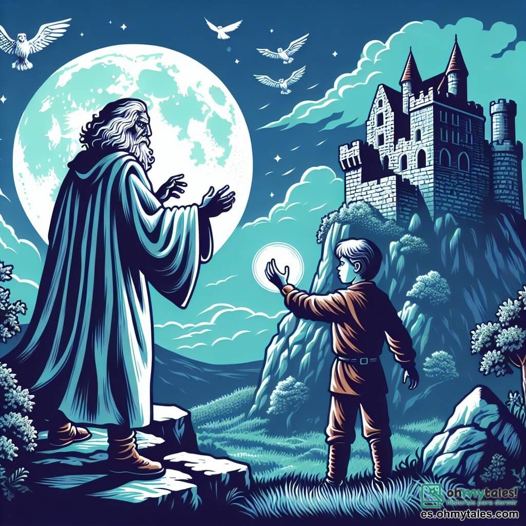 Une illustration destinée aux enfants représentant un courageux jeune homme, confronté à une prophétie mystérieuse, accompagné d'un sage magicien vêtu de tuniques blanches, dans un ancien château en ruines perché au sommet d'une colline, illuminé par la lueur de la lune.