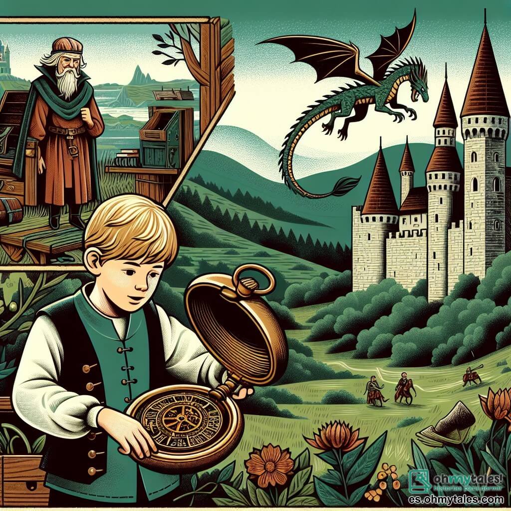 Une illustration destinée aux enfants représentant un jeune garçon curieux découvrant un mystérieux reloj de poche dans le grenier poussiéreux de sa grand-mère, alors qu'un dragon majestueux vole au-dessus des tours d'un château médiéval entouré de verdoyantes collines.