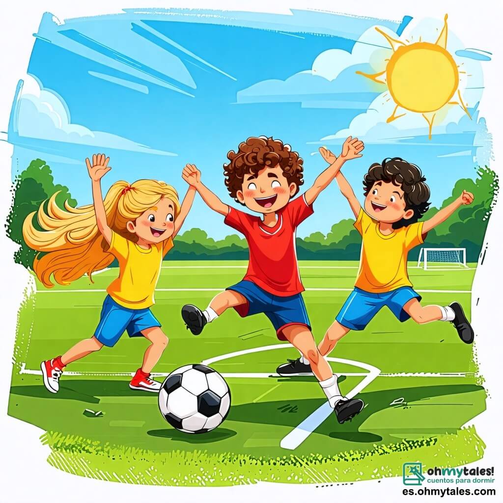 Une illustration sous forme de dessin destinée aux enfants représentant un terrain de football verdoyant sous un ciel bleu ensoleillé, avec un jeune homme aux cheveux bruns et bouclés, portant un maillot de football rouge, dribblant habilement une balle, tandis qu'une fille aux cheveux longs et blonds, vêtue d'un t-shirt jaune, et un garçon aux cheveux courts et noirs, portant un short bleu, l'encouragent en levant les bras avec enthousiasme, capturant l'esprit joyeux et dynamique d'un match amical entre amis.