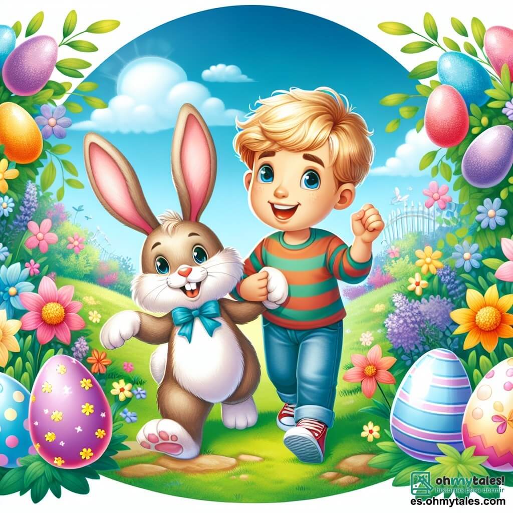 Une illustration destinée aux enfants représentant un petit garçon plein d'enthousiasme à la recherche du mystérieux Lapin de Pâques, accompagné d'un joyeux Lapin en peluche aux oreilles longues, dans un jardin fleuri et coloré décoré de œufs de Pâques brillants.