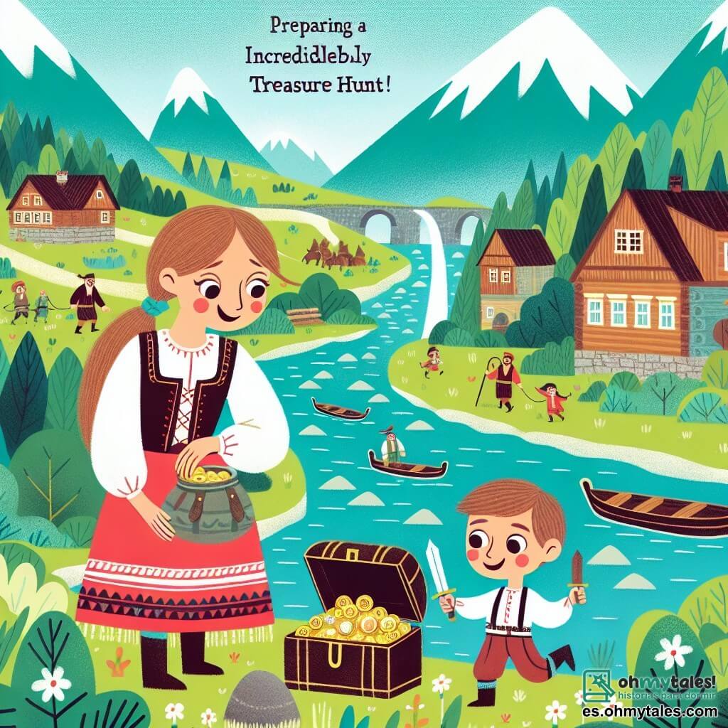 Une illustration destinée aux enfants représentant une fille curieuse et imaginative préparant une incroyable chasse au trésor pour son père, accompagnée de son meilleur ami, un garçon espiègle, dans un petit village entouré de montagnes verdoyantes et de rivières cristallines.