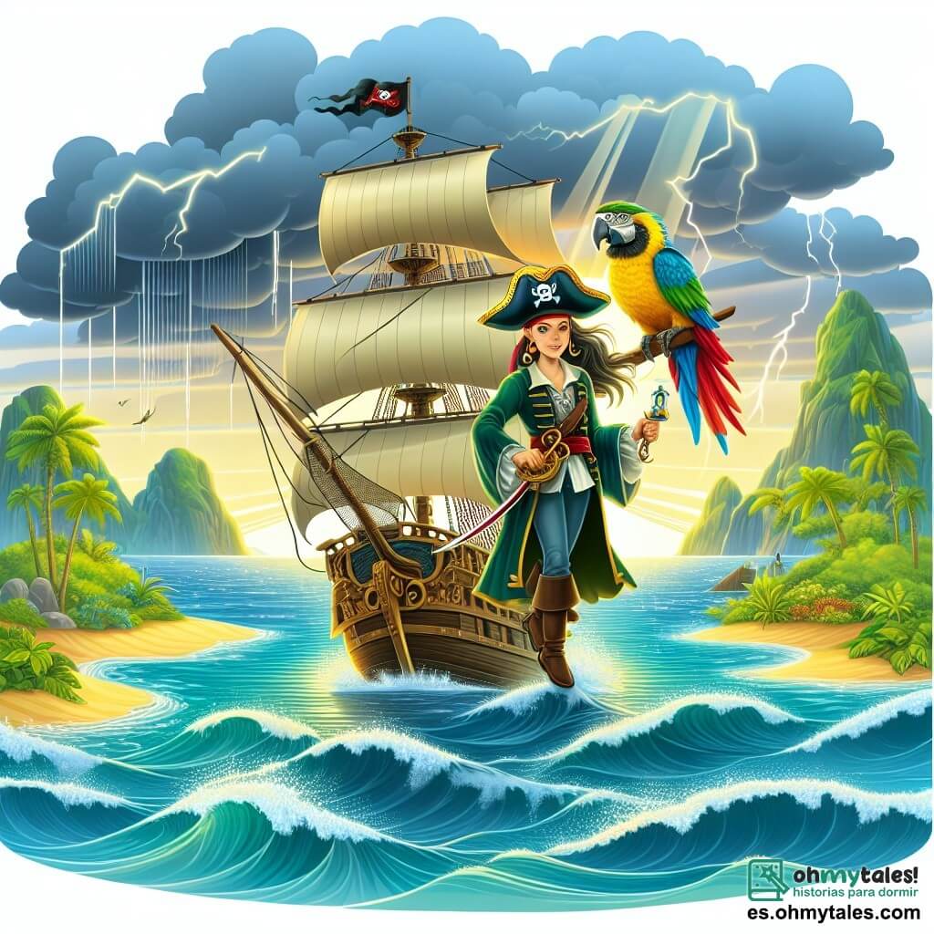 Une illustration destinée aux enfants représentant une courageuse capitaine pirate, accompagnée de son fidèle perroquet, naviguant sur un navire majestueux au milieu d'une mer scintillante parsemée d'îles verdoyantes et de tempêtes menaçantes.