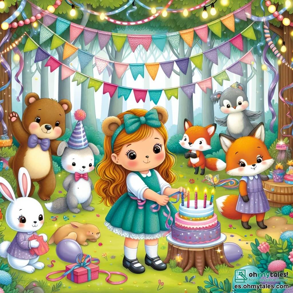 Une illustration destinée aux enfants représentant une jeune ourse en train de préparer une fête d'anniversaire avec ses amis animaux, dont un garçon lapin, une fille renarde et un garçon oiseau, dans le Bosque Encantado décoré de guirlandes colorées et de globos scintillants.