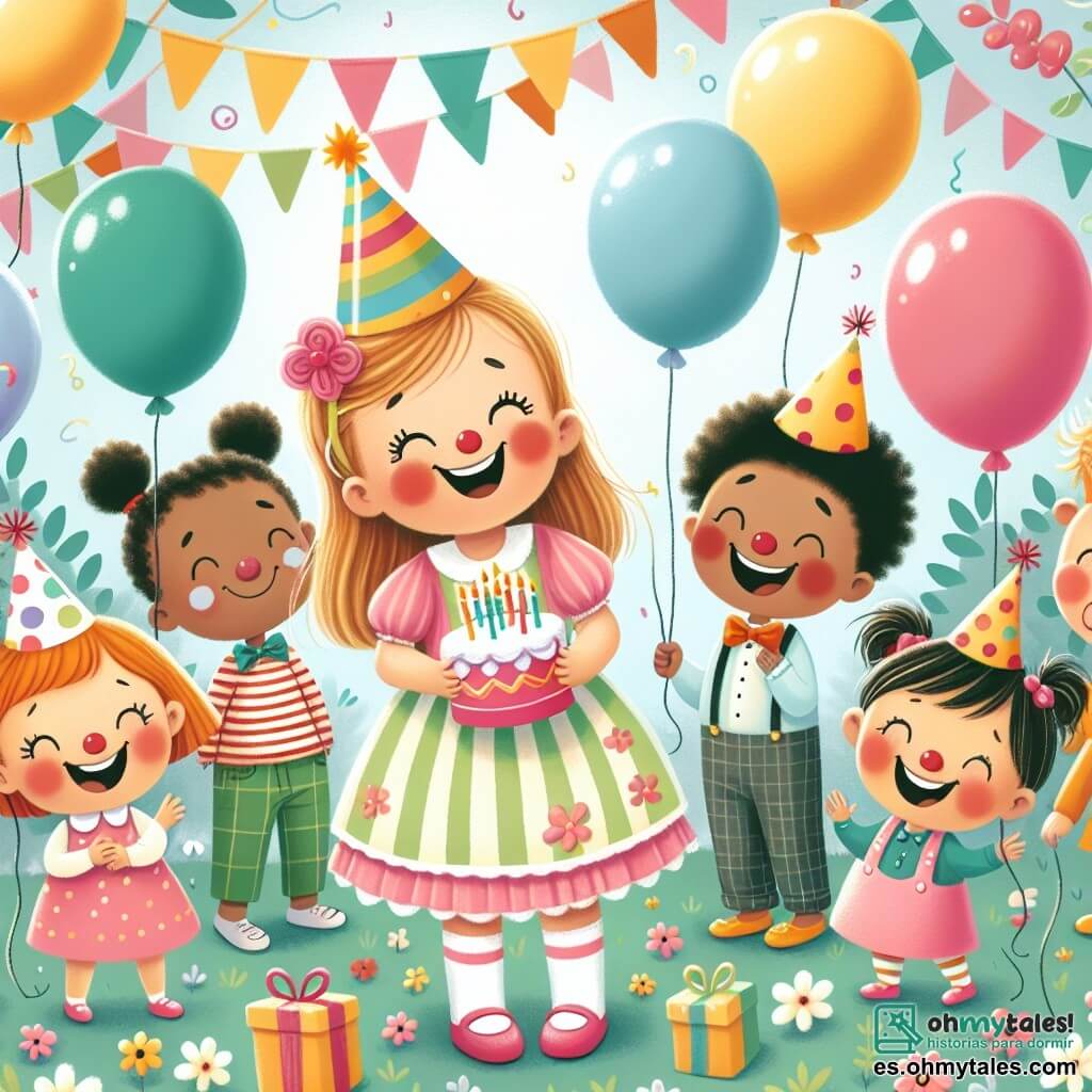 Une illustration destinée aux enfants représentant une petite fille joyeuse célébrant son anniversaire avec ses amis et un clown rigolo dans un jardin coloré rempli de ballons et de guirlandes.