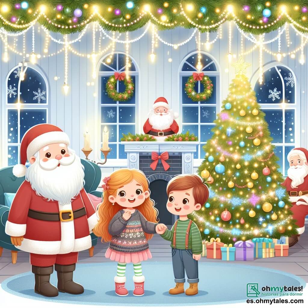 Une illustration destinée aux enfants représentant une fille curieuse et joyeuse, entourée de sa famille et de Papá Noel, dans une maison décorée avec des guirlandes scintillantes et un grand sapin de Noël illuminé.